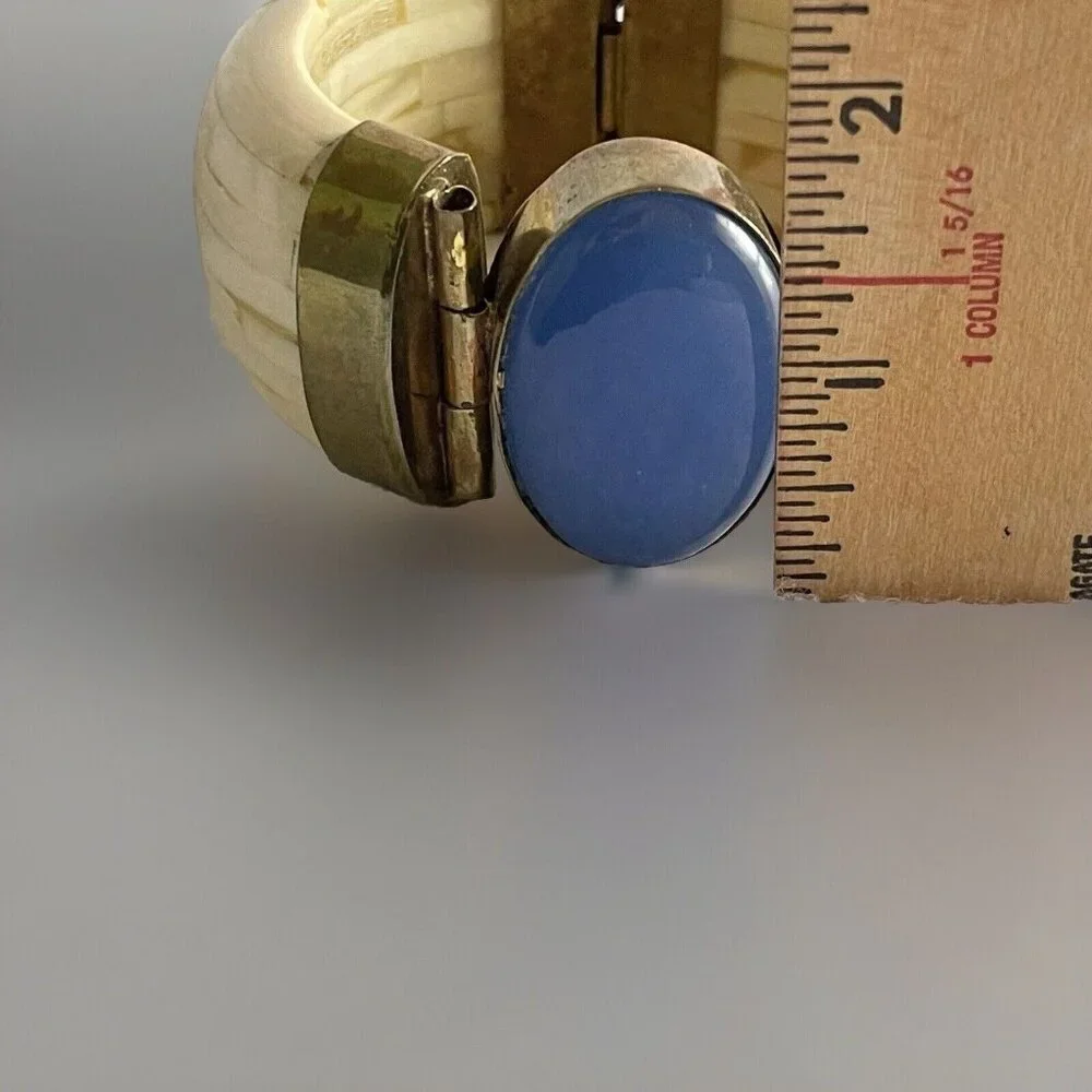 Vintage Bone Brass Agate Bracelet Blue Tribal Bangle Hinge Statement Chunky Boho